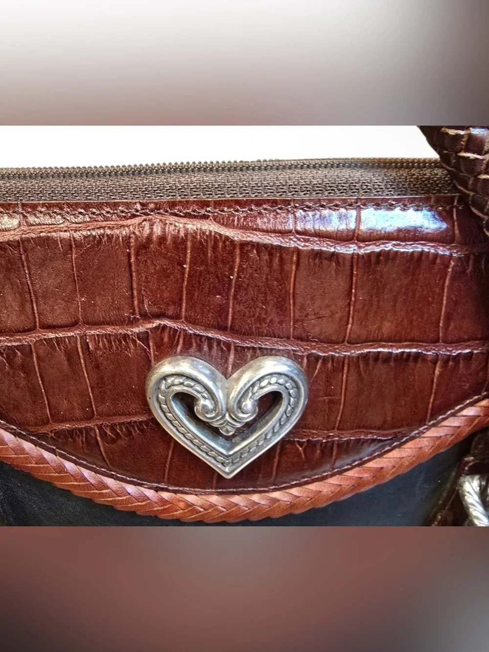 Vintage Brighton Black & Brown Leather Croc Trim Satchel with Heart Accent